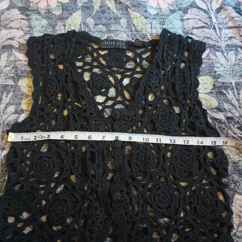 Vintage Cherry Stix Womens Crochet Button Vest OS/ S-M  Black 90s Fairy Grunge - Picture 10 of 11
